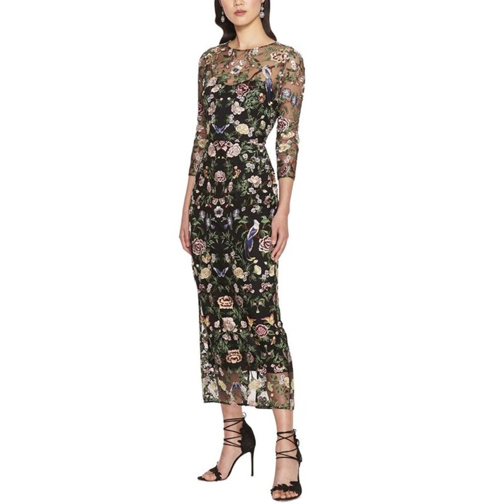 Marchesa Notte Womens  Long Botanical Embroidered Midi Dress, Black